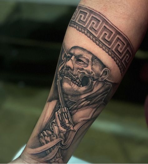 Charro Tattoo Mexican, Judge Tattoo, Azteca Tattoo Mexican, Zapata Tattoo, Mariachi Tattoo, Mexican Tattoo Ideas For Men, Aztec Tattoo Mexican, Forearm Name Tattoos, Mexican Heroes