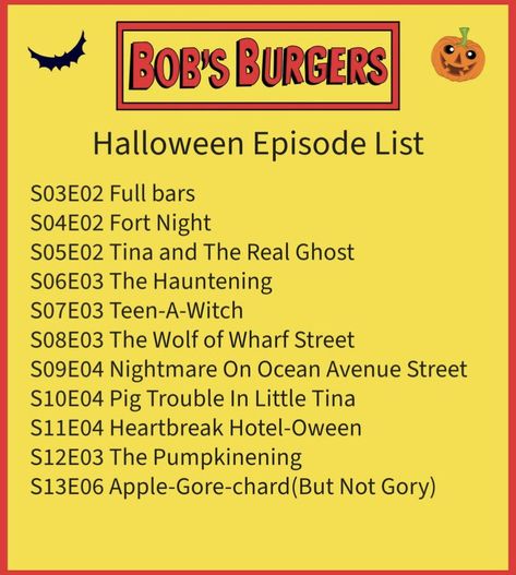 Bobs Burgers Halloween Episode, Bobs Burgers Halloween, Bob's Burgers Halloween, Halloween Episodes, Boo Boo Bags, Halloween Movie Night, Bob S, Fall Shows, Girly Movies