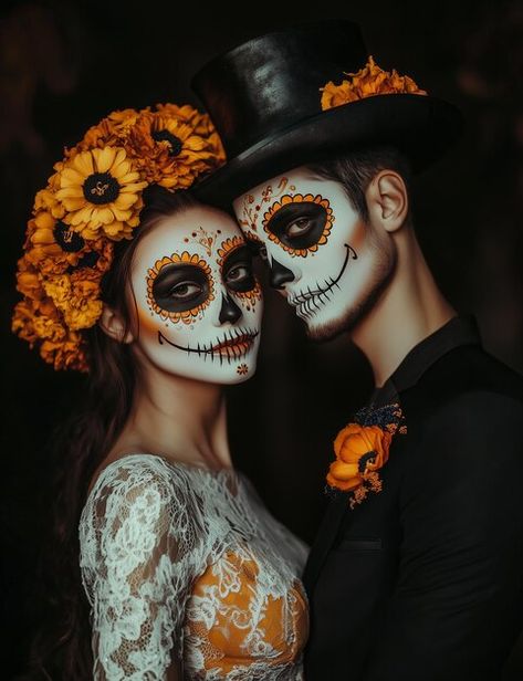 Couple Day Of The Dead Halloween Costumes, Day Of The Dead Couple Makeup, Couples Day Of The Dead Makeup, Day Of The Dead Makeup Couples, Dia De Los Muertos Family Costume Ideas, Male Day Of The Dead Makeup, Halloween Couple Makeup Ideas, Day Of The Dead Makeup For Men, Dia De Muertos Costume Ideas