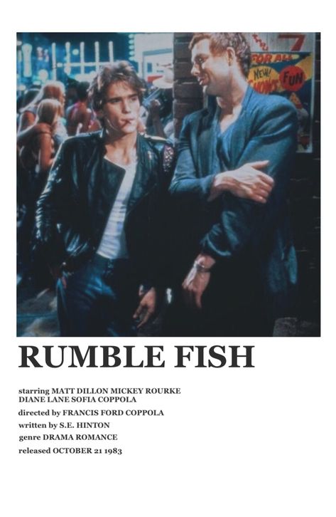 rumble fish by s.e. hinton movie poster 1983 Rumble Fish Movie, Rumble Fish Poster, S E Hinton, The Scene Aesthetic, Rumble Fish, Movie Recs, Classic 80s Movies, Alt Posters, Scene Aesthetic