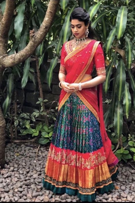 Ikkat Lehenga Indian Weddings, Bhargavi Kunam, Ikat Lehenga, Traditional Lehenga, Maggam Blouse, Half Saree Function, Lehenga Saree Design, Half Saree Lehenga, Indian Outfits Lehenga