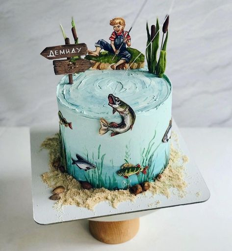 Fishing Theme Cake, Gone Fishing Cake, Fisherman Cake, Birthday Drip Cake, Fish Cake Birthday, Christmas Cupcakes Recipes, Dad Birthday Cakes, Sea Cakes, Beach Cakes