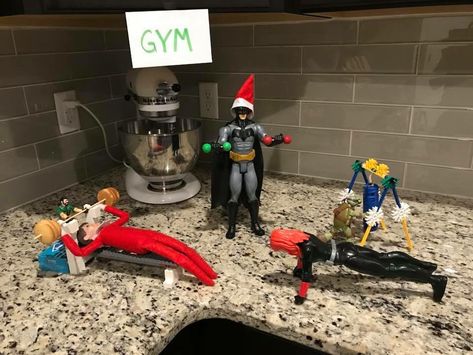 Elf On The Shelf Gym Ideas, Elf On The Shelf Working Out, Workout Elf On The Shelf, Elf On The Shelf Gym, Elf Gym, Wlf On The Shelf, Texas Roadhouse Cinnamon Butter, Elf 2024, Thanksgiving Napkin Folds