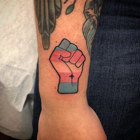 Trans Flag Tattoo, Trans Pride Tattoo, Trans Tattoo Ideas, Transgender Tattoo Ideas, Coastline Tattoo, Trans Tattoo, Sketchbook Moodboard, Fist Tattoo, Trans Lives Matter