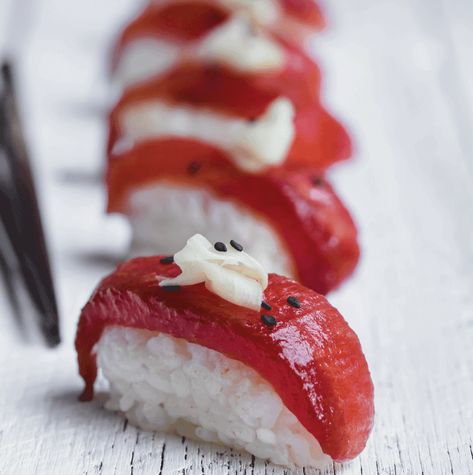 Mind-blowing watermelon sushi | Nourish plant-based living Asian Summer Food, Vegan Watermelon Recipes, Vegan Sashimi, Watermelon Sushi, Teff Pancakes, Chickpea Lentil, Lentil Coconut, Sushi Vegan, Vegan Japanese