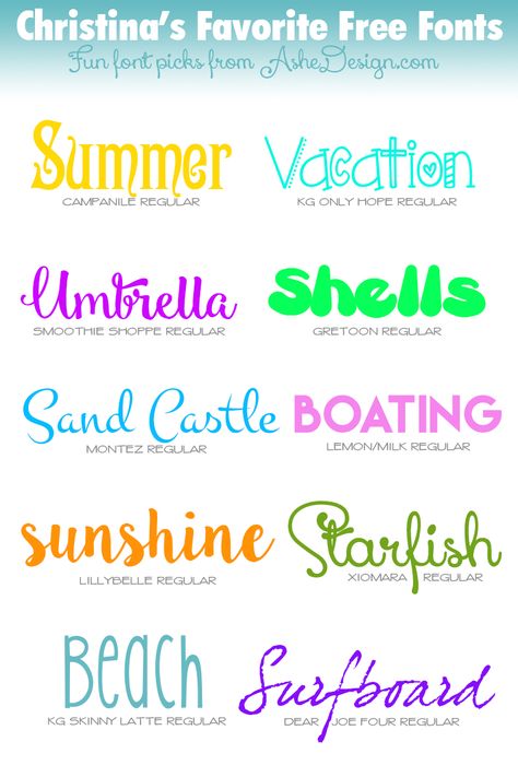 Fun Summer Font Picks! We know how much you love fonts … especially when they are FREE! We thought we’d put together a series where you can get to know the Ashe Design team … and also discover some amazing FREE fonts! Summer Fonts, Love Fonts, Beach Fonts, Free Fonts For Cricut, Summer Font, Silhouette Fonts, Funky Fonts, Fancy Fonts, Favorite Fonts