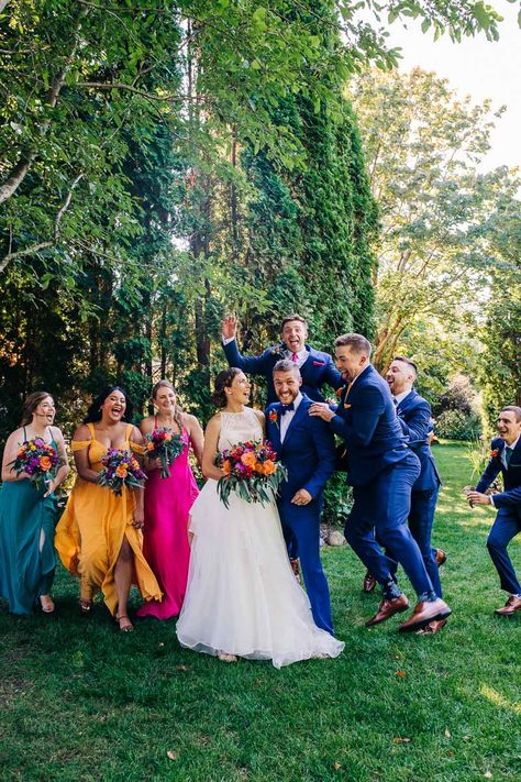 Colorful Bridal Party Groomsmen, Wild Flower Wedding Groomsmen, Groomsmen Wildflower Wedding, Multi Color Wedding Theme, Colorful Wedding Groomsmen, Bright Color Wedding Theme, Colorful Groomsmen, Bright Colors Wedding, 70s Bride