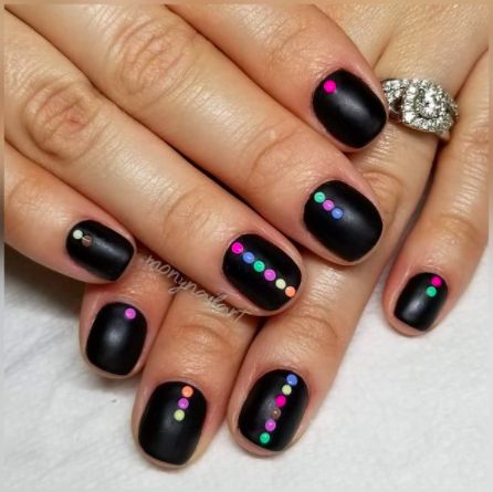 Neon Dot Nails, Black And Neon Nails, Black Manicure, Matte Black Nails, Black Nail Art, Minx Nails, Black Nail Polish, Dots Nails, Black Nail Designs