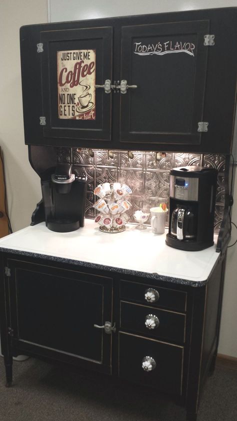 Black hoosier cabinet Coffe Bar Decor, Hoosier Cabinets, Coffee Bar Ideas, Diy Coffee Bar, Hoosier Cabinet, Coffee Bar Design, Urban Exploring, Home Coffee Stations, Coffee Bars In Kitchen