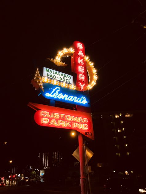 Can’t leave #Oahu without getting some famous malasadas at Leonard’s Bakery! I recommend going at night! Leonards Bakery Oahu, Oahu, At Night, Neon Signs, Canning