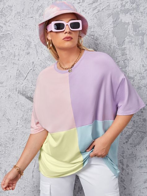 Plus Colorblock Drop Shoulder Tee Colorblock Tshirt, Drop Shoulder Tshirt, Paint Clothes, Twins Fashion, Color Block Shirts, Women Tees, Color Block Tee, Drop Shoulder Tee, Painted Clothes