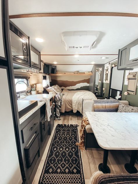 Aspen Trail Camper Makeover by @rad.ronda.rv Small Camper Living Room Ideas, Rv Bedroom Renovation Ideas, Aspen Trail Camper Remodel, Neutral Camper Interior, Small Rv Bedroom Ideas, Camper Bedroom Remodel Travel Trailers, Small Camper Renovation Diy, Small Rv Decor, Small Rv Decorating Ideas Rv Interior