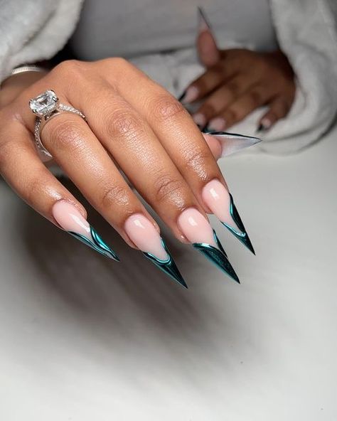 Precious A | London Nail Technician on Instagram: "Focus on the ROCK, oh the nails are kinda cool too🤭😍   July slots??" Green Nails Stiletto, Chrome Stiletto Nails, Blue Green Nails, French Stiletto Nails, Stilleto Nails Designs, Gel Toe Nails, Sassy Nails, London Nails, Stiletto Nails Designs