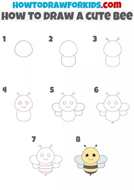 How To Draw A Bee Step By Step, Drawing Bees Simple, Draw Bees Simple, Bumble Bee Easy Drawing, How To Draw A Bee, Easy Bee Drawing Step By Step, Cute Bee Drawing, Cute Bee Drawing Kawaii, Bee Drawing Easy