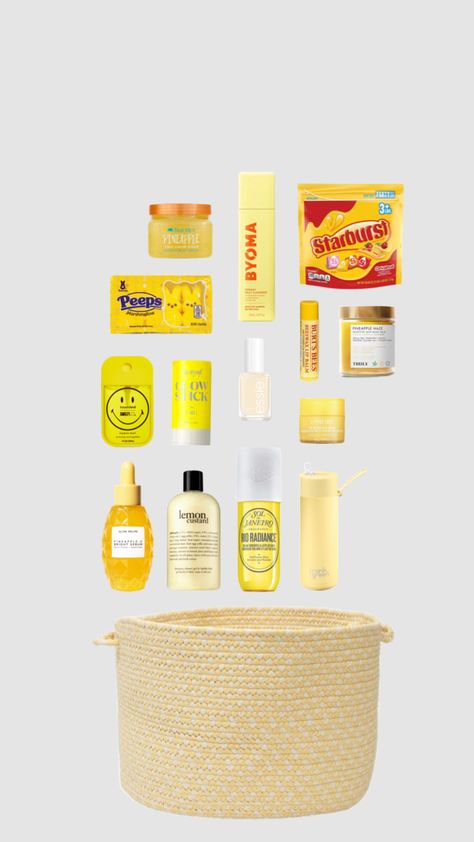 #bunnybasket #yellow #basket #inspo Yellow Gift Basket Ideas Boyfriend, Yellow Gift Basket Ideas, Senior Basket, Yellow Basket, Sorority Sisterhood, Beeswax Lip Balm, Bunny Basket, Big Little Reveal, Mama Gifts