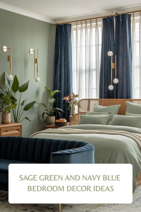 Sage green and navy blue bedroom with elegant decor and lush plants. Moss Green And Navy Bedroom, Navy And Green Bedroom Master, Navy And Green Office, Navy And Olive Green Bedroom, Navy And Sage Green Bedroom, Dark Green And Blue Bedroom, Green And Navy Blue Bedroom, Navy Green Bedroom, Blue And Sage Green Bedroom