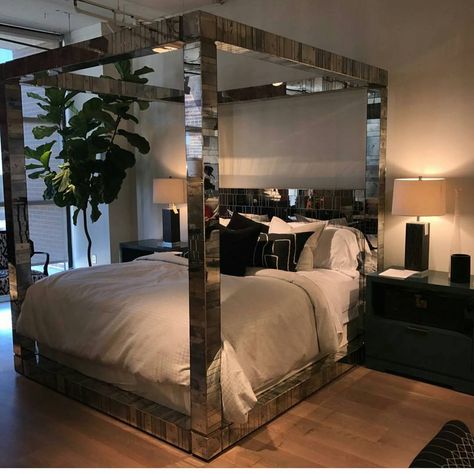 Mirroed bed from @unlimitedfurnituregroup   #decor #design ##decor #design #designer #interiordesign #interior #home #luxury #realestate #milliondollarlisting #millionaire #decor #realestatemarketing #realestatelasvegas #upscalehome #posh #dreambig #mansion #wealth #designer #dreambig #luxury #mirroredfurnitue #platformbed Velvet Canopy Bed, Canopy Bedroom Ideas, Mirrored Bed, Bed Chairs, Bed Posts, Monochromatic Interior Design, Billionaire Homes, Bedroom Game, Beautiful Bed