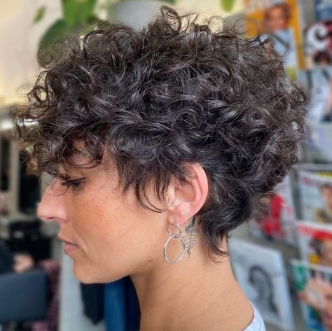 Gorgeous Pixie for Curly Hair Curly Hair Mohawk Fade, Edgy Curly Short Hair, Grey Curly Pixie Haircut, Chic Pixie Haircut Classy Short Hair, Shaggy Pixie Mullet Curly, Curly Pixie Hairstyles Over 50, Short Curly Hair Over 50 Women, Short Haircuts For Curly Hair Natural Curls, Pixie Curly Haircuts