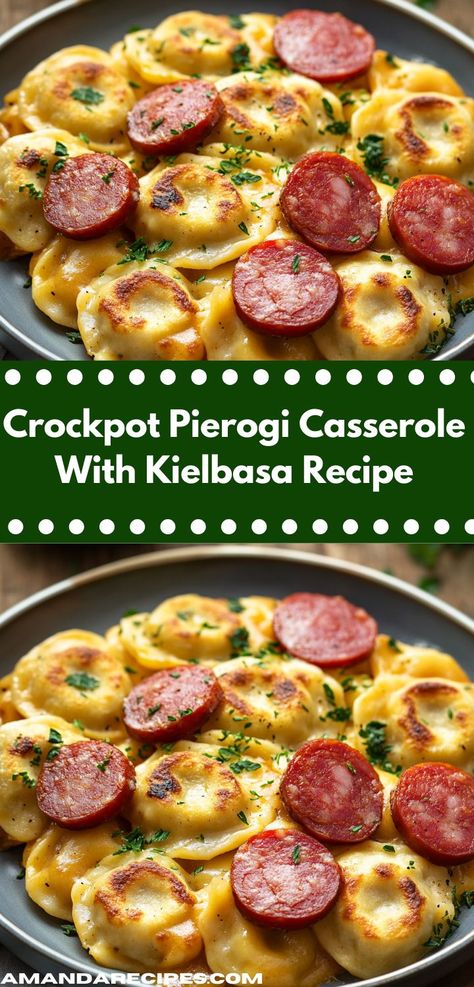 This Crockpot Pierogi Casserole with Kielbasa offers a delightful combination of flavors and textures. Perfectly cooked in a slow cooker, it's a simple, satisfying dish for any occasion. Crockpot Pierogi Casserole, Pierogi Casserole With Kielbasa, Kielbasa Crockpot, Pierogies And Kielbasa, Kielbasa Recipe, Pierogi Casserole, Perogies Recipe, Simple Crockpot, Creative Dinner