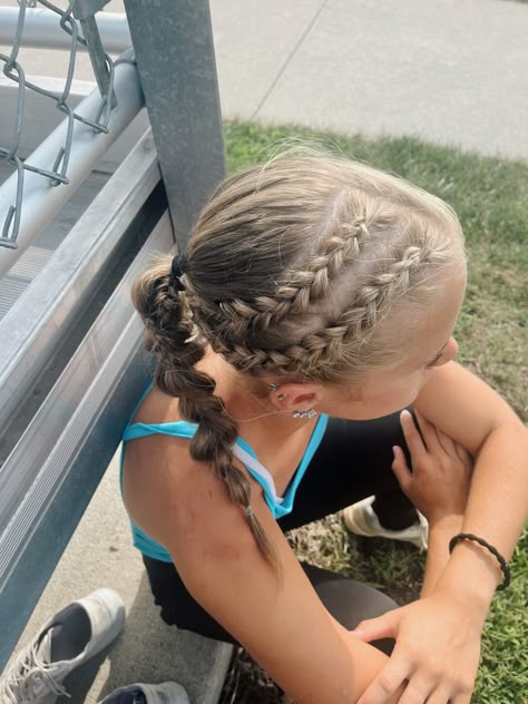 Hair Braids Sports, Game Day Hairstyles Low Ponytail, Braided Hairstyles Softball, Hair Ideas For Game Day, Track Braid Hairstyles, Dutch Braid Cheer Hair, Unique Softball Hairstyles, Braided Hairstyles Basketball, Braided Hairstyles For Sports Basketball