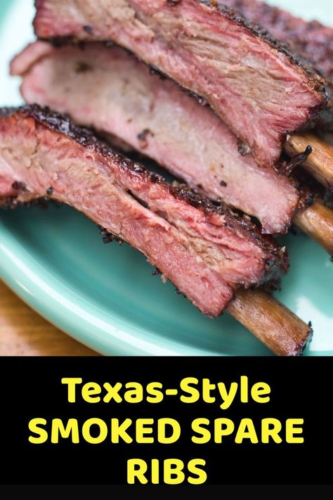 smoked spare ribs done the traditional texas way with a peppery bark and optional simple syrup finish Spare Ribs Dry Rub Recipe, Spare Ribs Smoker Recipes, Pork Spare Ribs Smoker Recipes, Ribs In Electric Smoker, Smoked Pork Spare Ribs, Smoked Spare Ribs, Bbq Rib Rub, Spare Ribs Recipe, Rib Rub Recipe