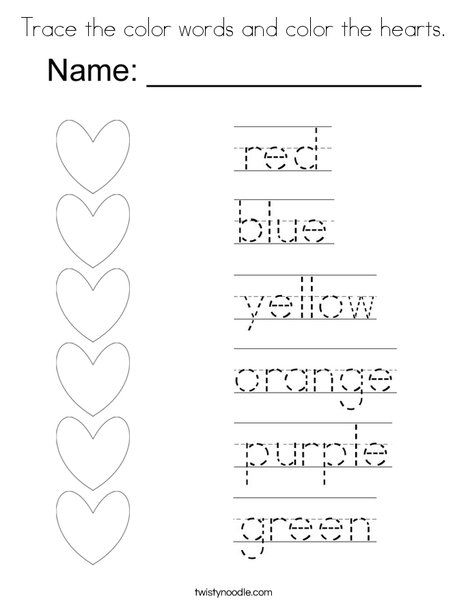 Trace the color words and color the hearts Coloring Page - Twisty Noodle 1st Grade Tracing Worksheets, Words Tracing Worksheet, Homeschool Kindergarten Worksheets, Color Tracing Worksheet, Word Tracing Printables Free, Kindergarten Worksheets Free Printables Coloring Pages, Alphabet Worksheets Preschool Writing Practice, Work Sheets For Preschoolers, Preschool Writing Printables