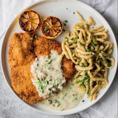 Pork Schnitzel with Spaetzle - So Much Food Schnitzel And Spaetzle, So Much Food, Pork Schnitzel, Dill Sauce, Pork Steak, Interesting Recipes, Crispy Pork, European Food, Pork Loin