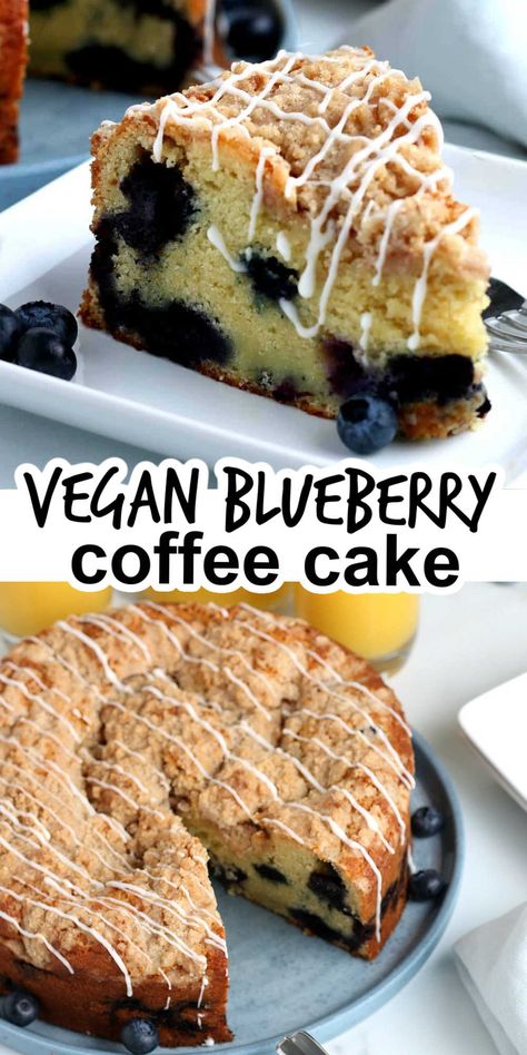 A fat slice on a plate and an overhead view of the whole cake. Vegetarian Cakes, Coffee Cake With Cream Cheese, Lemon Blueberry Coffee Cake, Blueberry Coffee Cake Recipe, Cake Cravings, Vegan Dessert Bars, Nora Cooks, Mcdougall Recipes, Cream Cheese Swirl