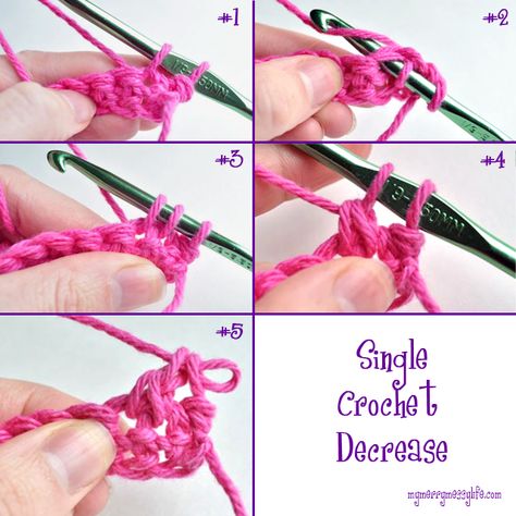 How to Work a Single Crochet Decrease - A Crochet Photo Tutorial by My Merry Messy Life How To Single Crochet Decrease, Single Crochet Decrease Tutorials, How To Decrease Crochet Stitches, How To Do A Single Crochet Increase, Increase Crochet, Decrease Crochet, How To Single Crochet, Crochet School, Learning Crochet