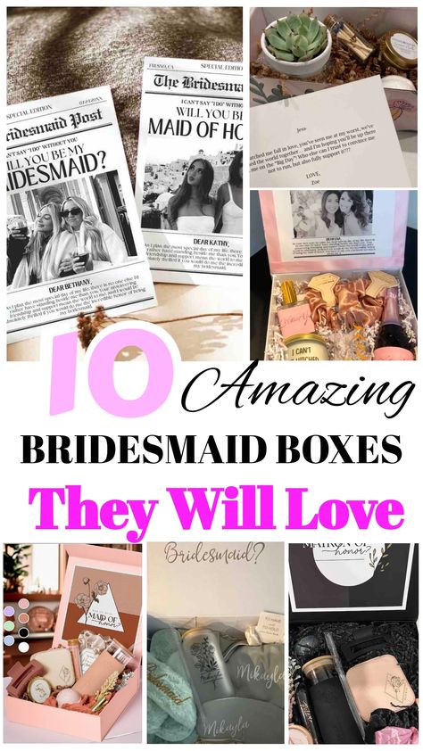 Explore a curated collection of 10 creative bridesmaid proposal box ideas that are sure to make your close friends feel special and valued. Personalize each proposal with unique touches that cater to the individual tastes of your bridesmaids, making the experience memorable and heartfelt. Show your appreciation by presenting them with thoughtfully selected gifts, from customizable items to luxurious pampering treats. Make popping the question to your bridal party an unforgettable moment filled w Bridesmaid Proposal Unique, Bridesmaid Proposal Gift Ideas, Bridesmaid Proposal Box Ideas, Proposal Box Ideas, Proposal Gift Ideas, Bridesmaid Ask, Unique Bridesmaid Gift, Celebrating Friendship, Satin Pjs