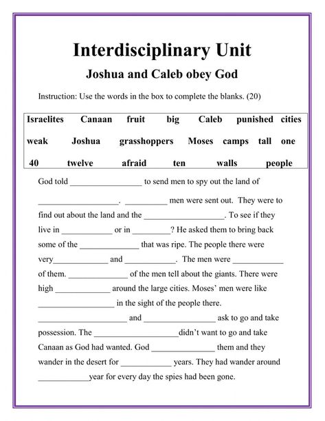 Joshua and Caleb obey God worksheet Joshua And Caleb Activity For Kids, Joshua And Caleb Bible Craft, Gospel Project, Joshua Bible, Joshua And Caleb, Connect Group, Obey God, Bible Journal Notebooks, Bible Worksheets