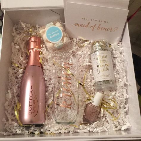 Bridesmaid Proposal Box (How To Get Him To Propose Be My Bridesmaid) Get Him To Propose, Bridesmaid Gifts From Bride, Rings Rose Gold, Proposal Boxes, Champagne Bridesmaid, Champagne Bridesmaid Dresses, Bridesmaid Boxes, Bridesmaid Gift Boxes, Wedding Nails For Bride