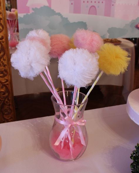 Princess Fairy  | CatchMyParty.com Tulle Pom Pom, Tulle Poms, Cinderella Birthday Party, Princess Wands, Beach Wedding Centerpieces, Ribbon Wands, Cinderella Birthday, Paper Pom Poms, Pom Pom Crafts