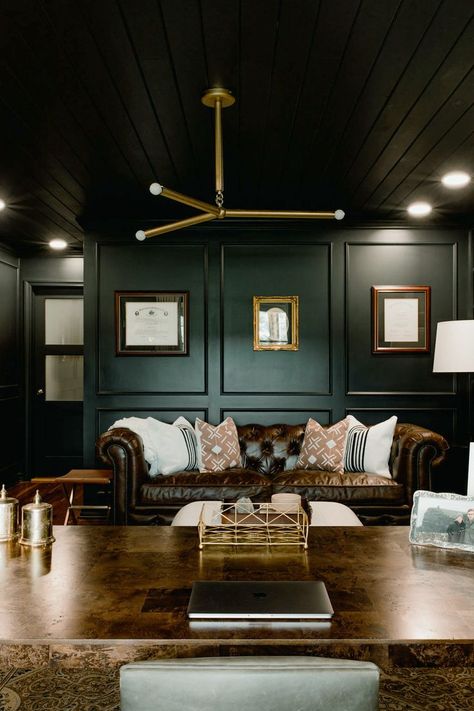 Dark Basement Office, Masculine Office With Couch, Mens Office Design Ideas, Charleston Green Office, Male Study Room Home Office, Masculine Study Office, Speakeasy Office Ideas, Green Mancave, Men’s Study