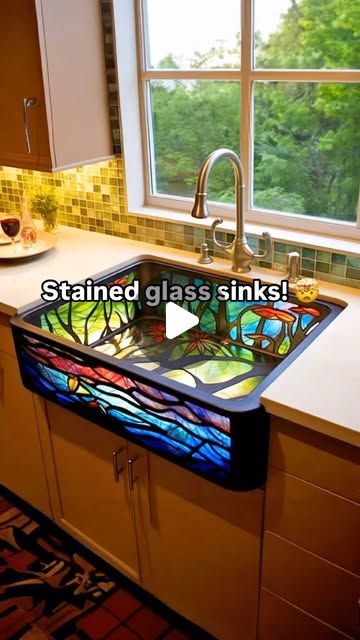 Stained Glass In Kitchen, Glass In Kitchen, Magnolia Kitchen, Dreamy Kitchens, Sink Kitchen, Glass Sink, Cabin Living, Tiny Space, Tree Houses