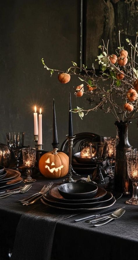 Gothic glamour Halloween table decor for a sophisticated scare! Drape your table in luxurious black velvet and top it with a silver sequined runner. Create dramatic height with tall black candle holders and blood-red taper candles. Use ornate silver platters to display "severed" marzipan hands and chocolate coffins. Add Victorian-inspired place cards with spiderweb designs. Finish with black roses in mercury glass vases. These opulent decorations will bring a touch of dark elegance to your Hallo Luxury Halloween Decor, Tall Black Candle Holders, Spiderweb Designs, Halloween Buffet Table, Mercury Glass Vases, Masquerade Halloween Party, Halloween Buffet, Halloween Table Decor, Halloween Party Table