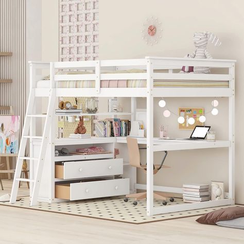 Loft Bed Full, Loft Bed Ideas For Small Rooms, Cats Room, White Desk With Drawers, Loft Beds For Teens, Wooden Loft Bed, Girls Loft Bed, Loft Beds For Small Rooms, Desk And Shelves