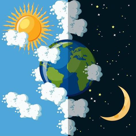 Earth Day And Night, 7 Days Of Creation, Earth Day Posters, Earths Rotation, Night On Earth, Earth Craft, Earth Drawings, Geography For Kids, Sistem Solar