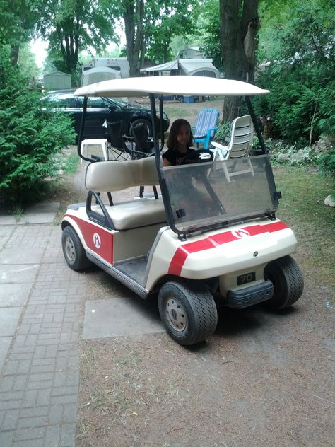 One Golf cart, two cans of spray paint and a roll of painters tape = Mario Kart Mario Kart Golf Cart, Super Mario Golf Cart, Painted Golf Carts, In The Woods At Night, The Woods At Night, Golf Cart Decorations, Mario Halloween, Woods At Night, Golf Cart Bodies