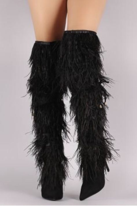 Feathered Fringe, Glamour Outfit, Fancy Shoes, Stiletto Boots, Girly Shoes, Stiletto Shoes, Beautiful Boots, Shoe Obsession, Thigh High Boots