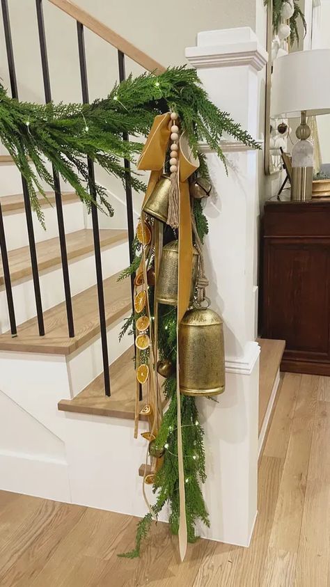 Simple Stair Garland Christmas, Small Banister Christmas Decor, Garland On Stairwell, Garland Banister Christmas, Bannister Garland Christmas, Stair Railing Garland Christmas, Christmas Bell Garland, Stairwell Garland Christmas, Christmas Garland With Bells