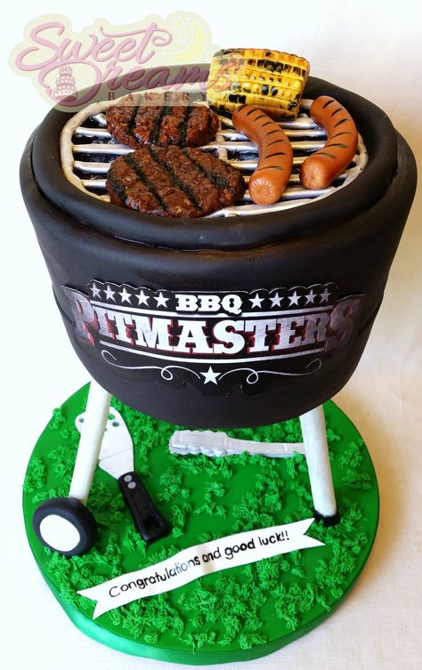 Grilling themed cake for a guy competing on BBQ PItmasters - From Sweet Dreams Bakery - Tennessee Cakes For Bbq Party, Bbq Theme Birthday Cake, Grill Birthday Cake, Grill Cake Ideas, Bbq Theme Cake, Bbq Cake Ideas Birthdays, Bbq Birthday Cake For Men, Beer Tier Cake, Cuppa Cake