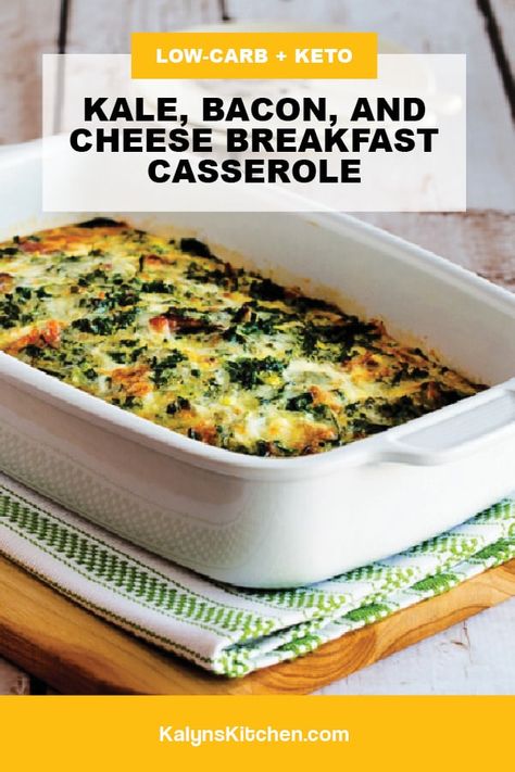 The bacon adds amazing flavor to this low-carb Kale, Bacon, and Cheese Breakfast Casserole, and I love starting out the day with kale! And this tasty breakfast casserole is perfect to make on the weekend and reheat for a low-carb breakfast during the week! [found on KalynsKitchen.com] Bacon Kale Quiche, Kale Ideas, Pancakes Protein, Low Carb Breakfast Casserole, Creamed Kale, Healthy Breakfast Casserole, Cheese Breakfast, Bacon And Cheese, Healthy Casseroles