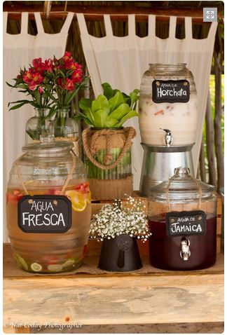 Aguas Frescas Bar Wedding, Agua Fresca Station, Agua Fresca Bar Wedding, Mexican Drink Station, Cantarito Bar, Mexican Fiesta Food, Mexican Theme Baby Shower, Barn Birthday Party, Mexican Theme Party Decorations