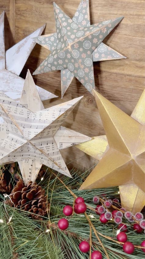 🌟 DIY Paper Stars made with card stock and vintage sheet music | 🌟These Paper Stars are just so fun to create!! Giving them unique paint finishes makes them even more special!! And you can use in so many ways!!... | By Hammons Nest Hammond Nest, Hammons Nest, Star Paper Craft, Fair Theme, Shabby Chic Decor Diy, Crafts For Seniors, Christmas Paper Crafts, Diy Craft Tutorials, Star Diy