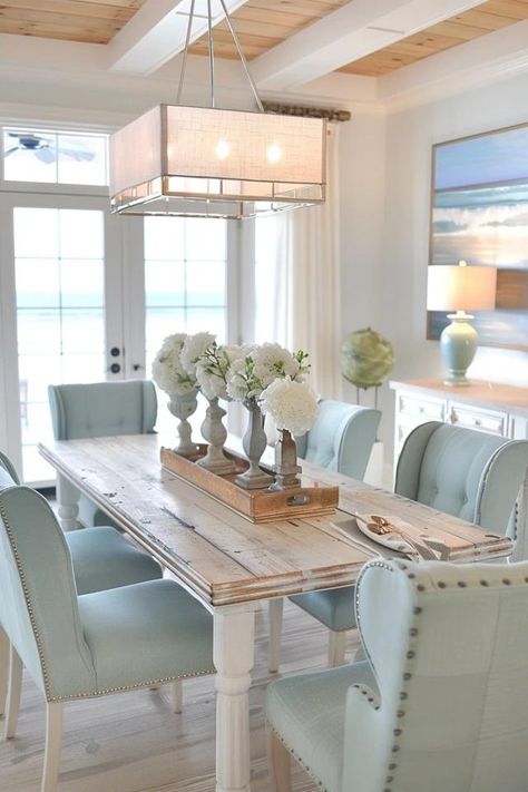 Coastal Dining Room Decor - Inspiration & Ideas Beach House Dining Room Table, Beach House Dining Tables, Aqua Dining Room Decor, Coastal Conference Room, Beach House Interior Dining Room, Beachy Kitchen Table, Coastal Style Dining Table, Lake Interior Design, Beach House Dining Room Ideas