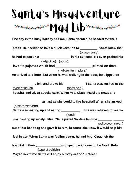 Christmas Ad Libs, Christmas Mad Libs, Christmas Party Games For Groups, Easy Christmas Party, Advent Ideas, Christmas Party Activities, Holiday Worksheets, Christmas Trivia, Christmas Games For Family