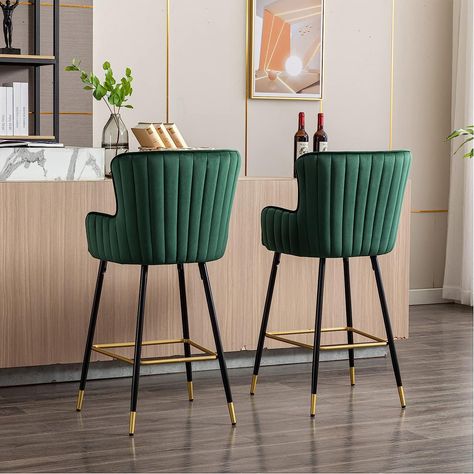 Velvet Bar Stools, Dark Green Bar, Velvet Barstools, Green Bar Stools Kitchen Island, Bar Stools For Green Kitchen, Green Barstools In Kitchen, Green Counter Stools, Basement Bar Remodel, Emerald Green Bar Stools