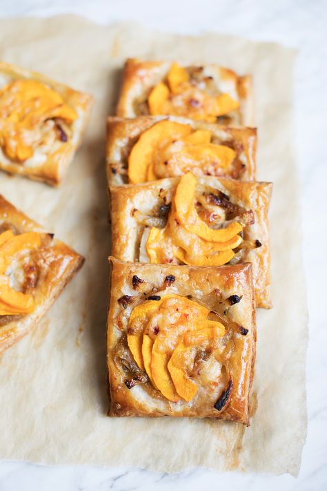 Butternut Squash Puff Pastry, Savory Danish Pastry, Butternut Squash Puff Pastry Tart, Savory Danish, Butternut Squash Phyllo Dough, Squash Puff Pastry, Danish Recipe Puff Pastry, Carmelized Onion Tart Recipe, Autumnal Food