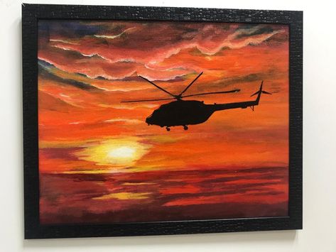 Helicopter acrylic painting Watercolor Helicopter, Helicopter Painting, Apache Helicopter, Sunset Canvas Painting, Abstracted Art, Tactical Life, 3d Art Drawing, Acrylic Painting For Beginners, Summer Camps